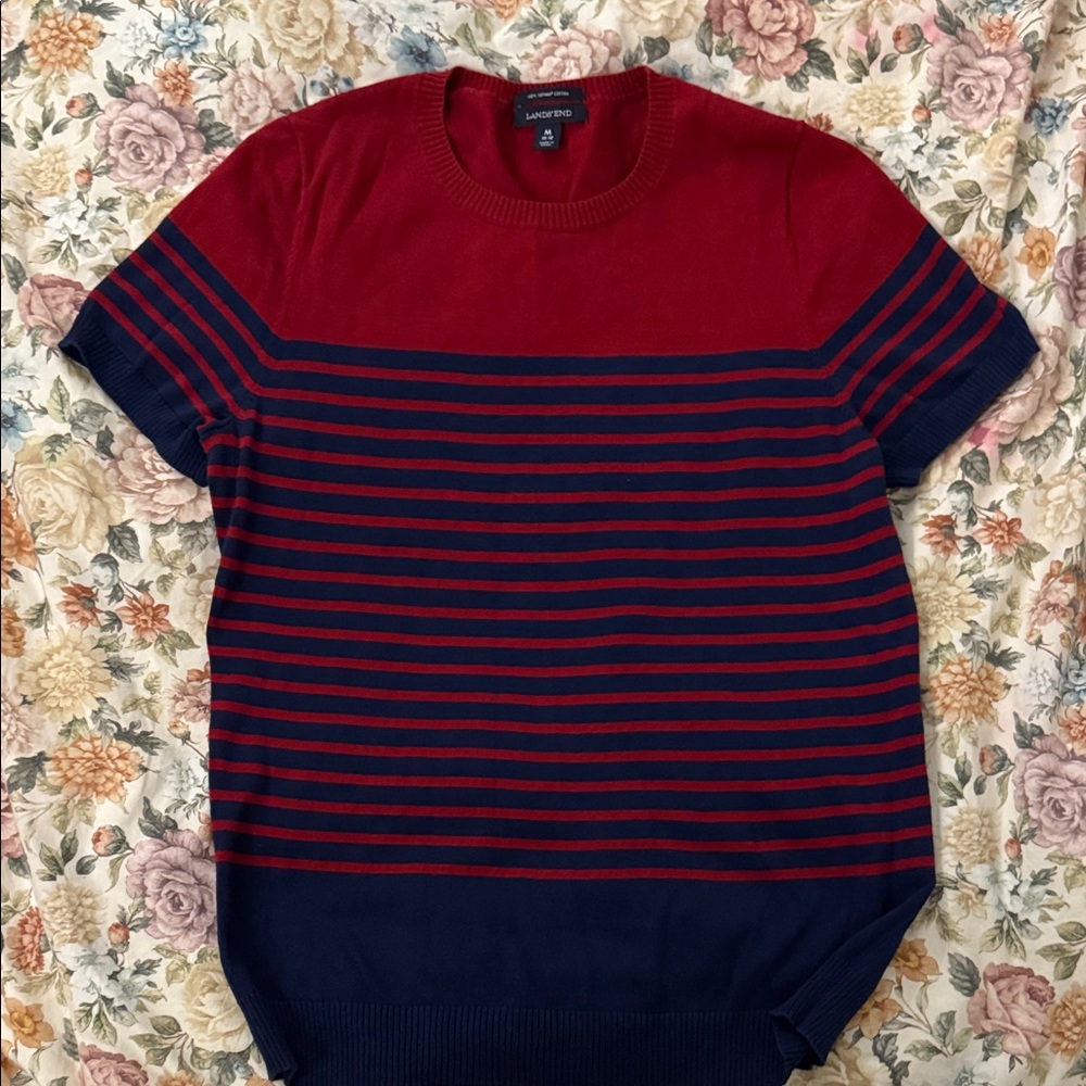 Lacoste Men's Burgundy and Navy Striped Crewneck Sweater
